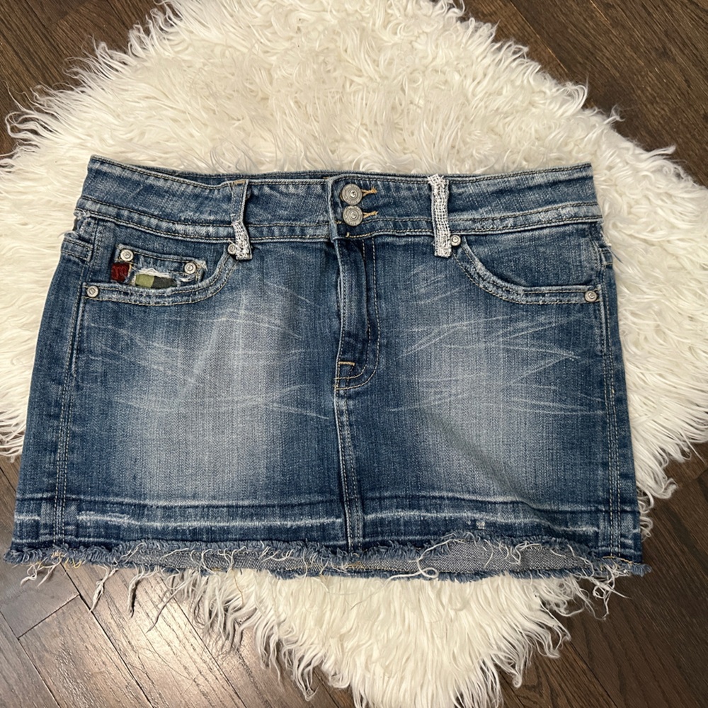 ❌SOLD❌ Miss Me denim camo and rhinestone mini skirt size large